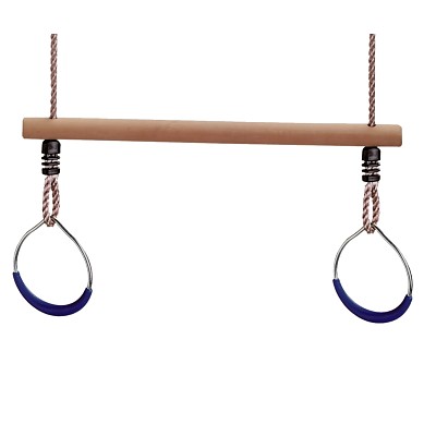 Trapeze with metal gymnastic rings and blue rope