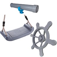 Climbing frame set, large pirate steering wheel, telescope and swing seat gray / blue