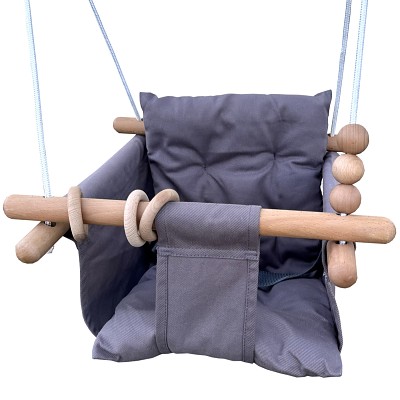 Wooden baby swing with grey fabric